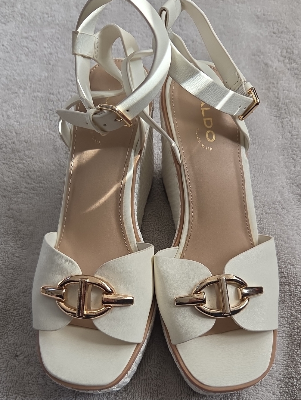ALDO Cream Wedge Sandals with Gold Buckle Detail